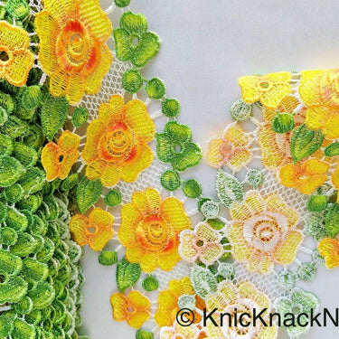 Yellow / Pink, Green and White Embroidered Flower Lace Trim, Approx 80mm wide